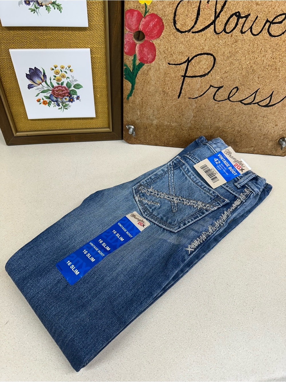 Wrangler Boys Boot Cut Jeans in Medium Blue with Embroidered Pockets 16 Slim